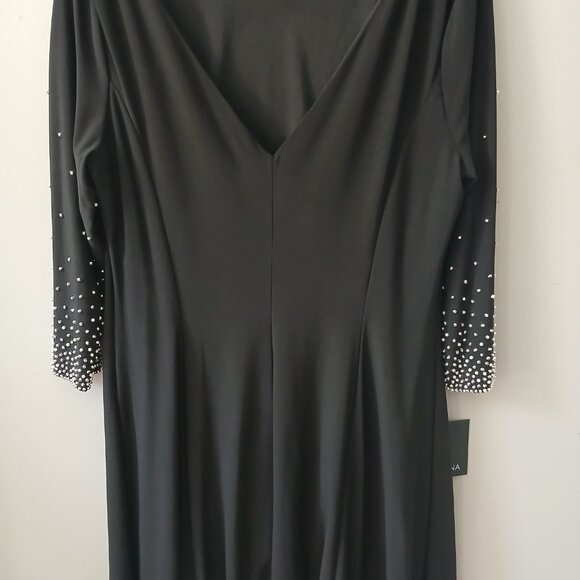 Marina Women's Sz L Black Cocktail Dress Beaded Black Long Sleeve‎ Midi NWT - Picture 16 of 16